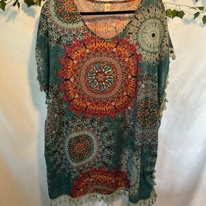 Grace Teal Medallion Tassel Tunic with Orange Accents